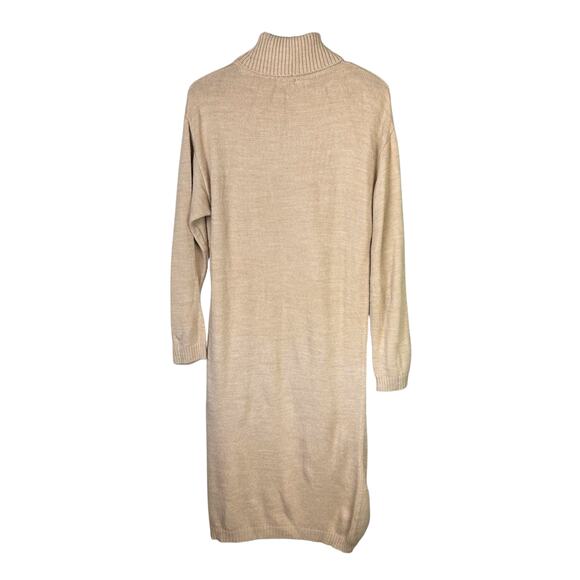NA-KD Tan Knitted Oversized Long Sleeve Side Slit Turtleneck Midi Sweater Dress - Picture 10 of 12